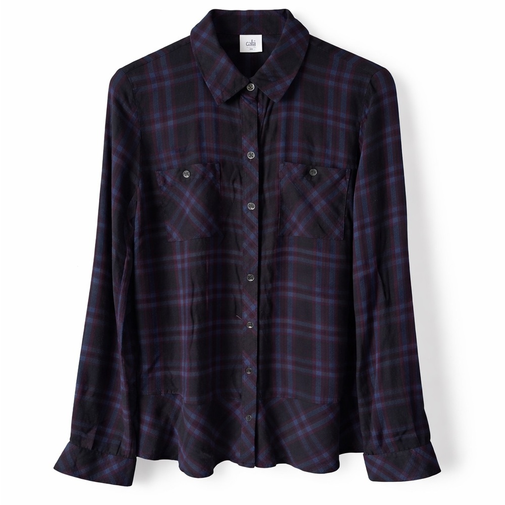 CABI Plaid Button Front Ruffle Hem Blouse Medium